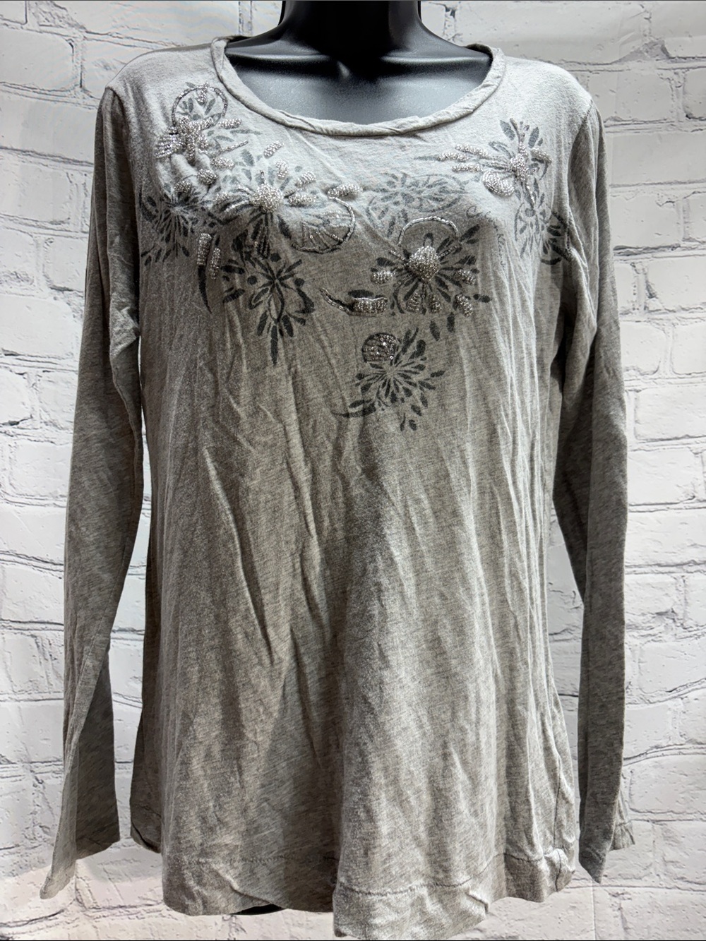 Calvin Klein Jeans Light Gray Long-Sleeve Floral Bling Tee